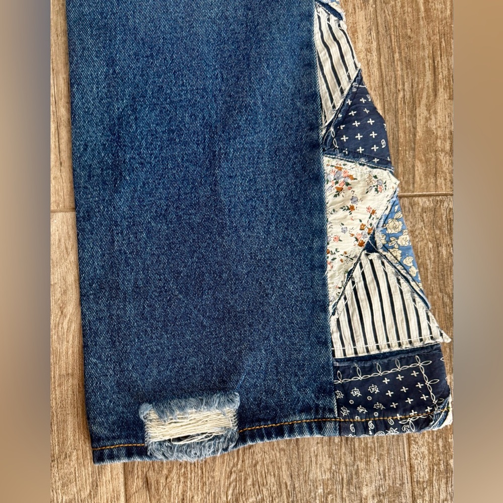 DRIFTWOOD Blue Vintage Wash Flare Jeans with Printed Panel Insets - Picture 4 of 9